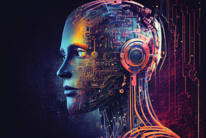Illustration of a humanoid robot head filled with colorful circuitry.