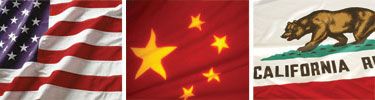 Flags of the United States, China, and California side-by-side.