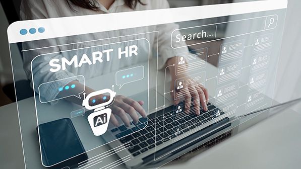 A SMART HR interface with an AI robot icon is overlaid on a person using a laptop.