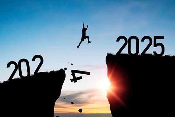 A silhouetted figure leaps across a gap toward 2025 as the final digit of 2024 falls away.
