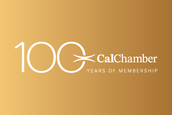 CalChamber 100 Years of Membership graphic in white on a gold gradient.
