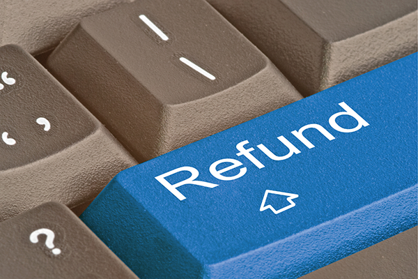 A blue computer keyboard key labeled Refund with an upward arrow.