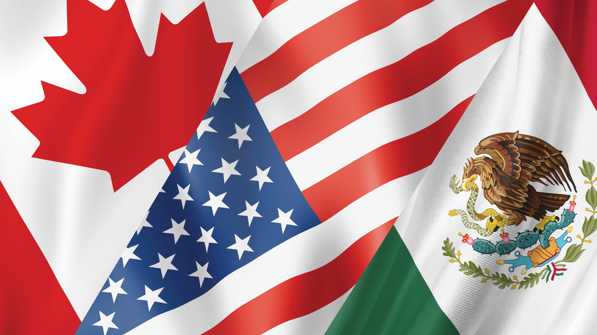 Flags of Canada, the United States, and Mexico waving.