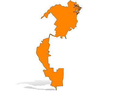 Orange silhouette map of Palo Alto with a drop shadow.
