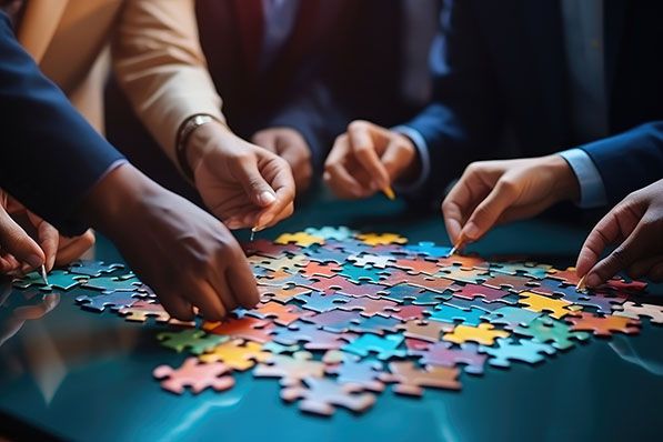 Several people work together to assemble a colorful jigsaw puzzle on a table.