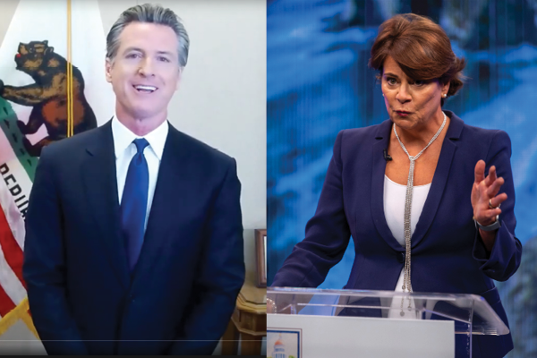 Split image of Gavin Newsom on a video screen and a woman speaking at a clear lectern.