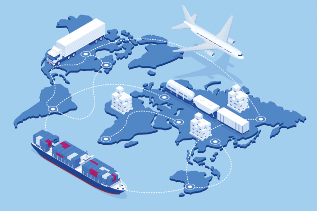 Illustrated world map with shipping routes linking cargo ships, airplanes, trucks and warehouses.