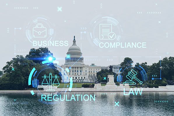 U.S. Capitol Building with superimposed icons and text for Business, Compliance, Regulation, and Law.