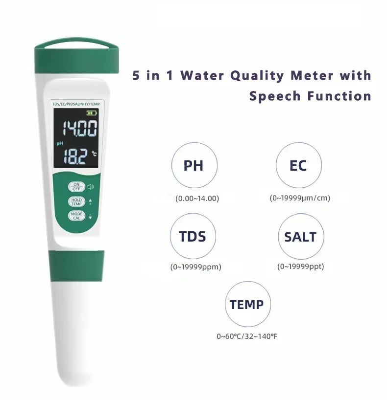 5-in-1 Digital Water Meter – TDS, PH, EC, Salinity, Temp