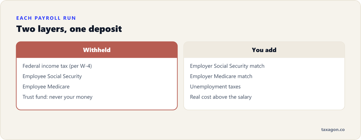 Comparison of the two payroll tax layers: amounts withheld from the employee, which are trust fund taxes, and the employer FICA match and unemployment taxes paid on top.