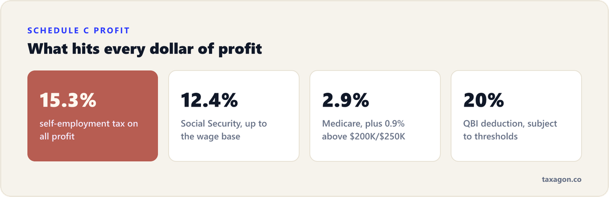 Stat row breaking down the 15.3% self-employment tax on single-member LLC profit into 12.4% Social Security and 2.9% Medicare, plus a 20% QBI deduction.