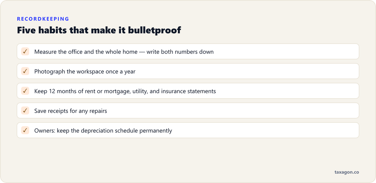 Checklist of the five recordkeeping habits that make a home office deduction audit-proof.