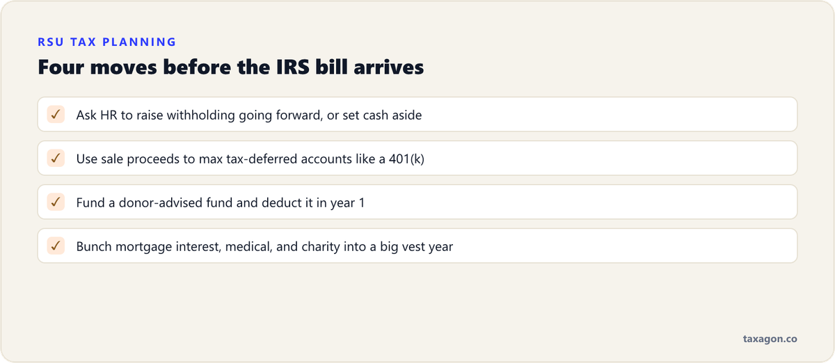 Checklist of four ways to plan for RSU taxes: increase withholding or save cash, max tax-deferred accounts, use a donor-advised fund, and bunch deductions.