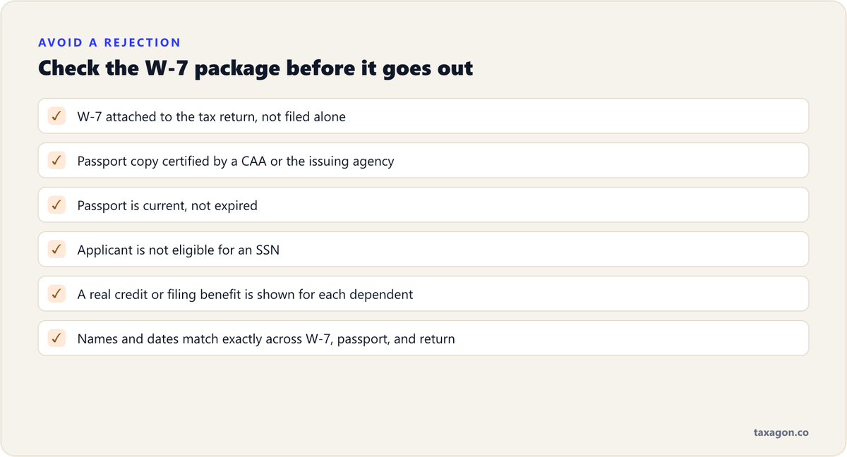 Checklist to avoid common ITIN rejections: attach the W-7 to the return, use certified copies, current passport, SSN ineligibility, a real tax benefit, and matching names and dates.