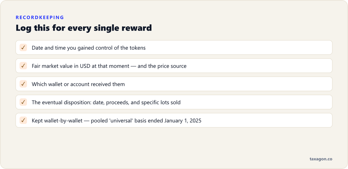 Checklist of the records stakers and miners must keep for every reward under mandatory wallet-by-wallet tracking effective January 1, 2025.