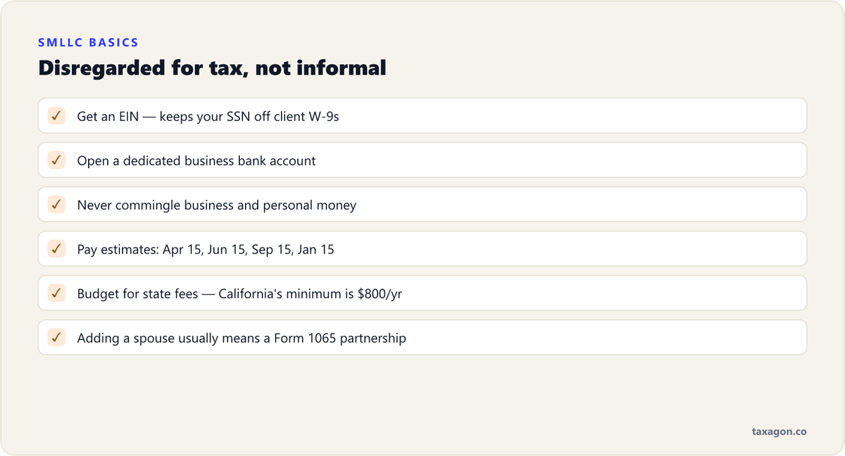 Checklist of single-member LLC essentials: get an EIN, open a separate bank account, avoid commingling, pay quarterly estimates, and check state fees.