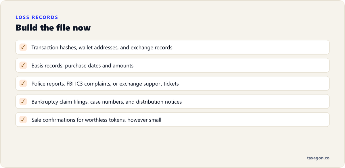 Checklist of records to keep for any crypto loss, from transaction hashes and basis records to police reports, bankruptcy filings and sale confirmations.