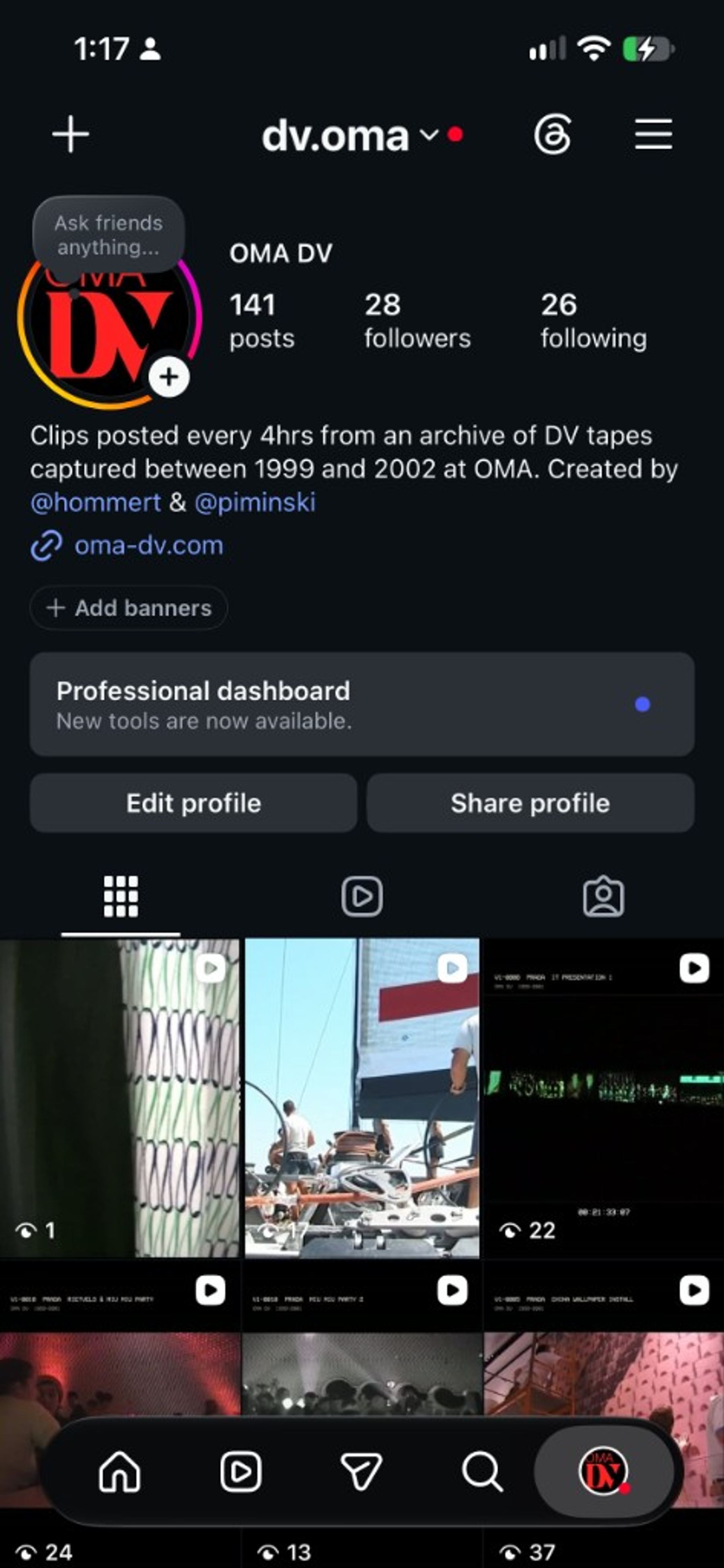 Instagram profile for dv.oma, OMA DV, with the bio that clips post every four hours from tapes captured at OMA between 1999 and 2002.