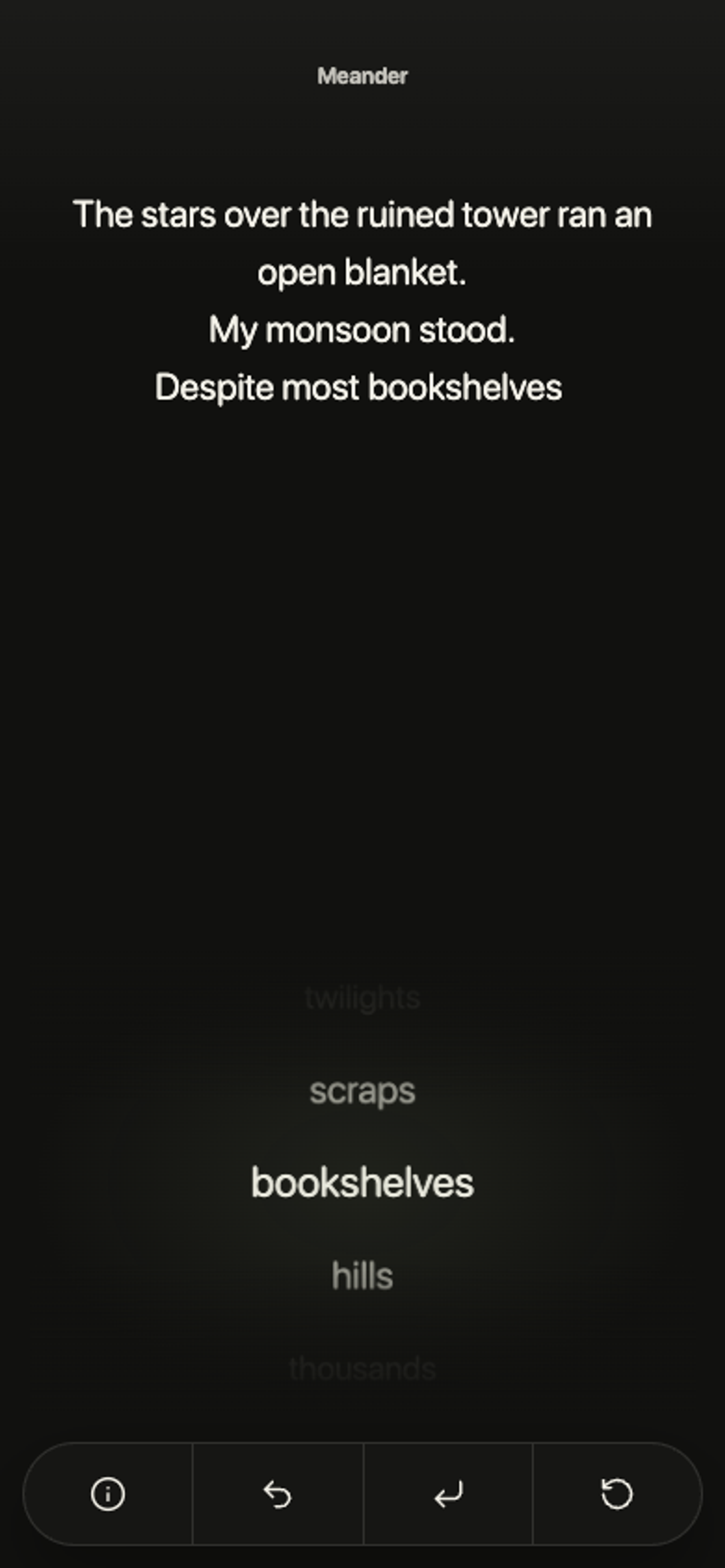 A dark phone interface with a scrollable word wheel above a toolbar.