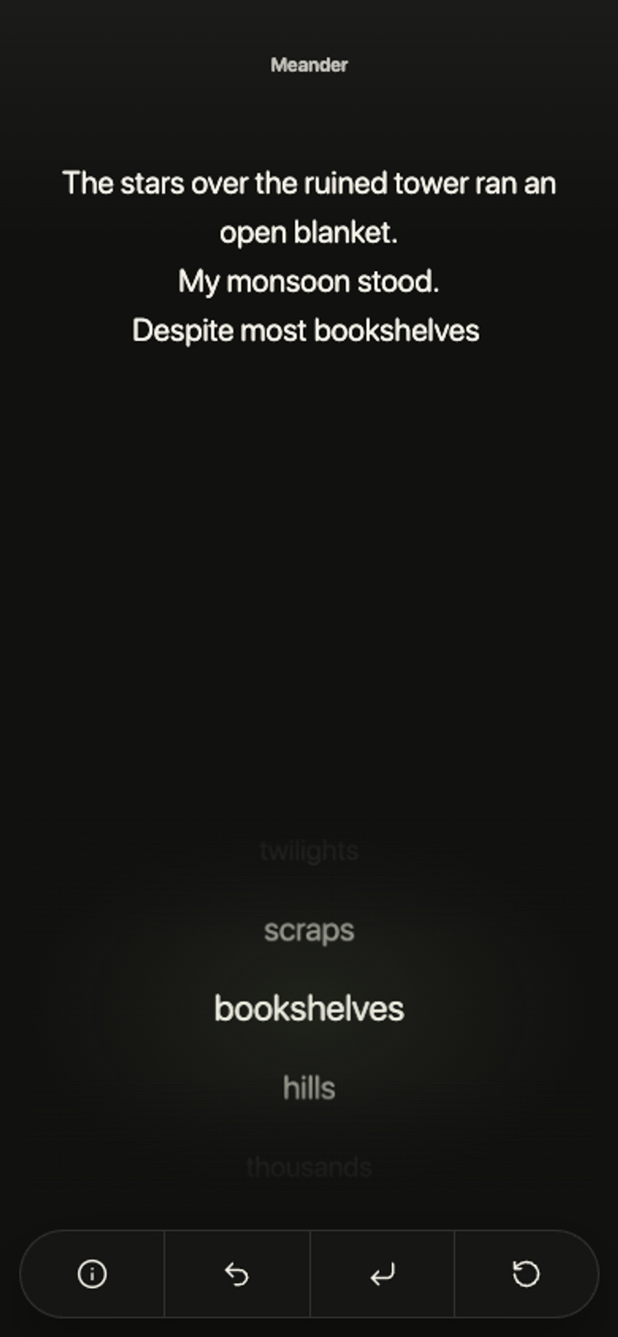 A dark phone interface with a scrollable word wheel above a toolbar.