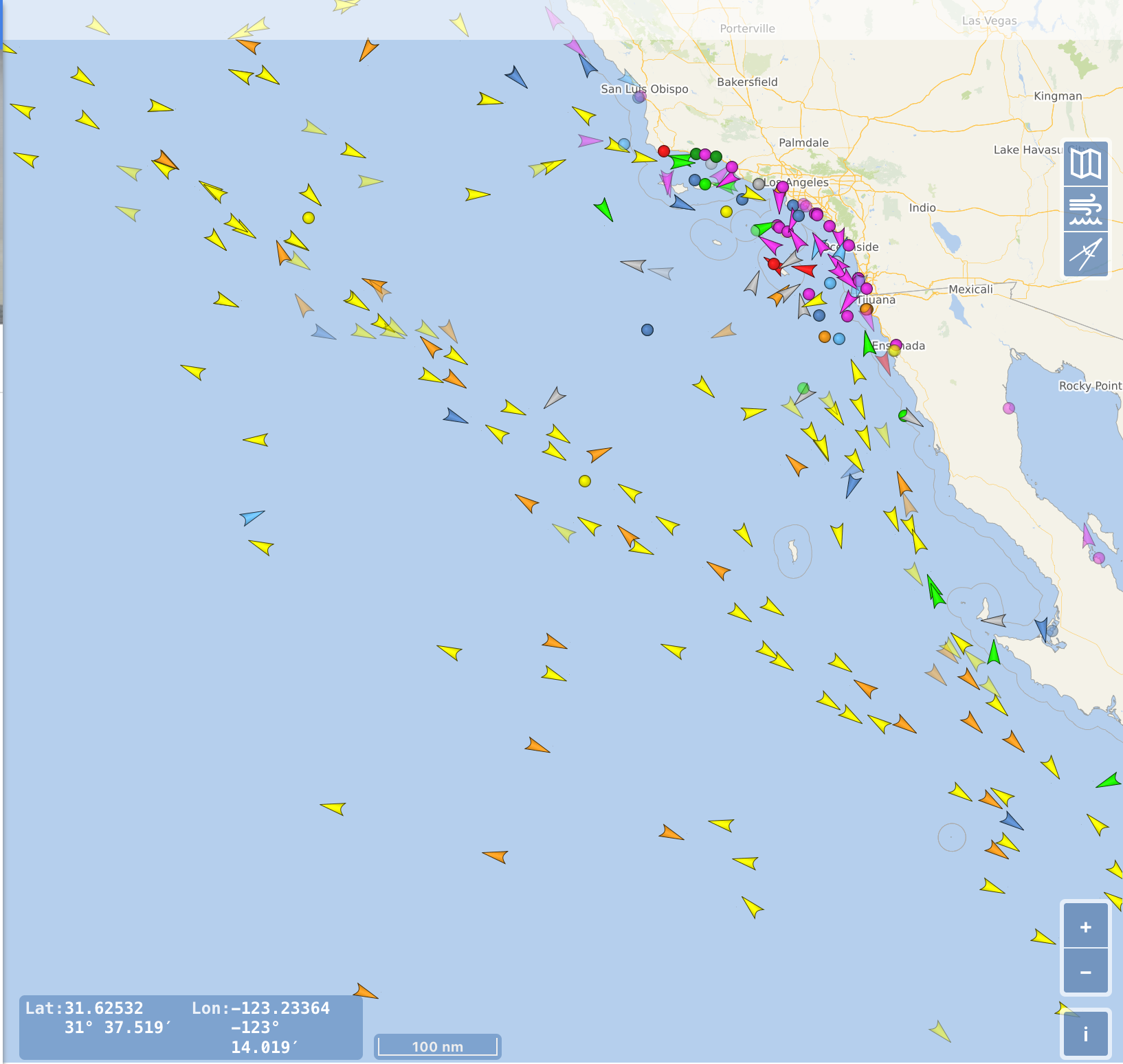 A map showing positions of container ships.