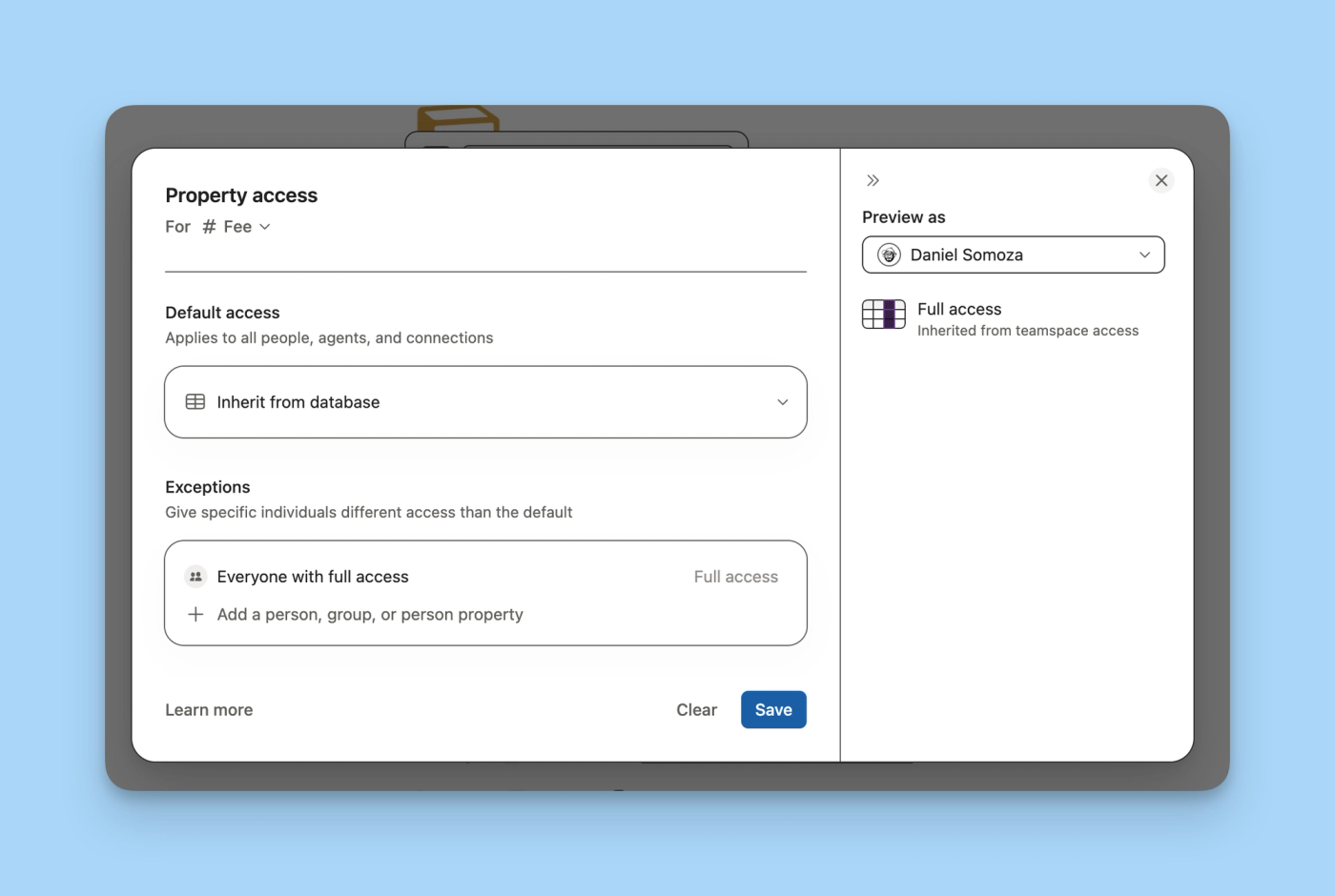 Panneau Property access de Notion avec l'accès par défaut sur Inherit from database et la liste des exceptions