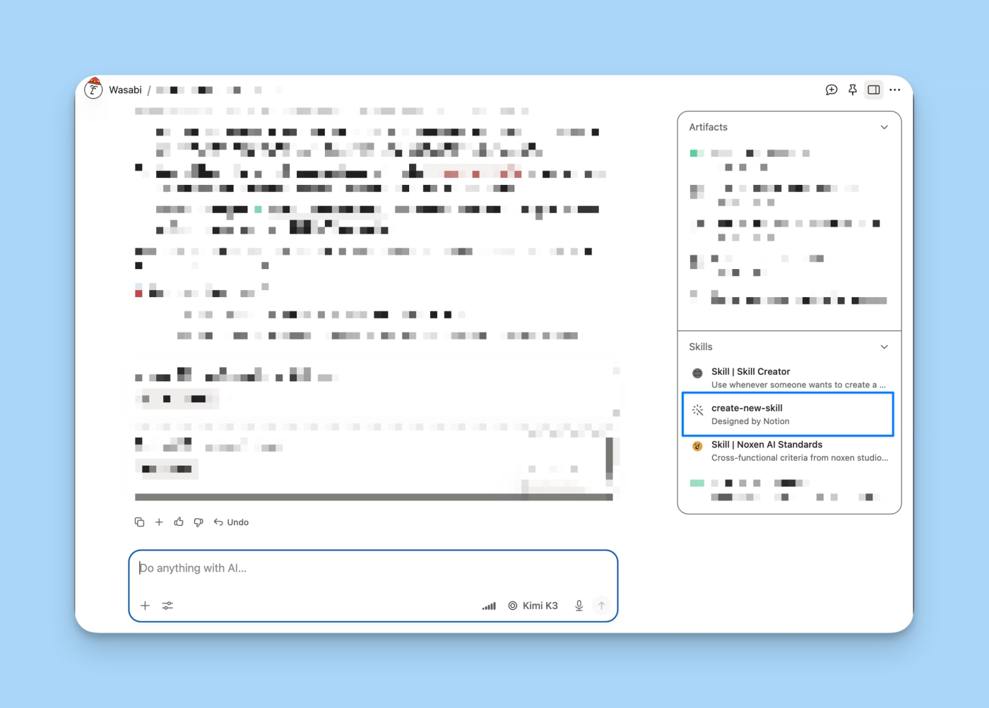 A Notion AI chat with the Skills panel showing Skill Creator, create-new-skill and Noxen AI Standards.