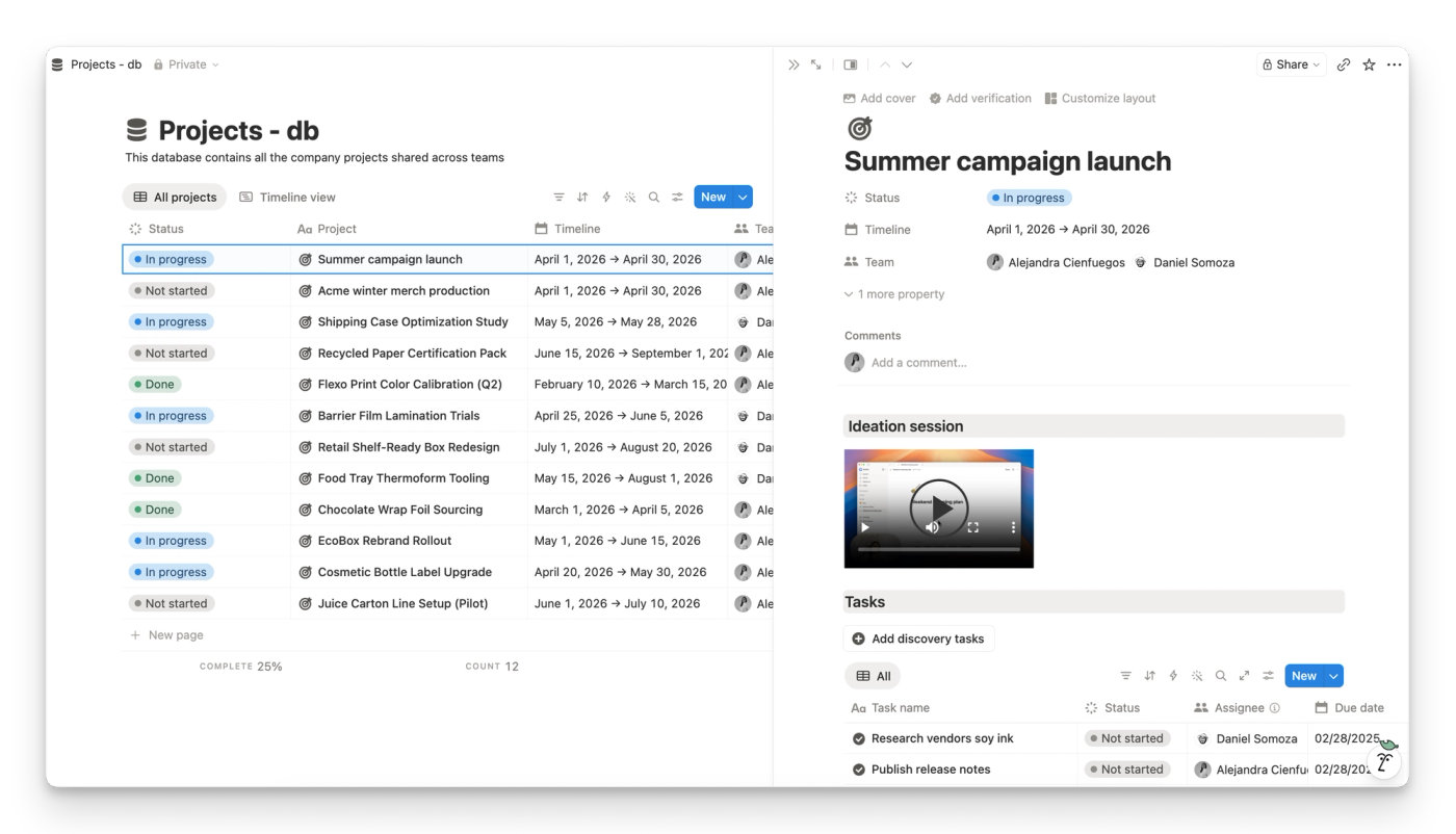 A projects database with the “Summer Campaign Launch” project opened to show its full page content.