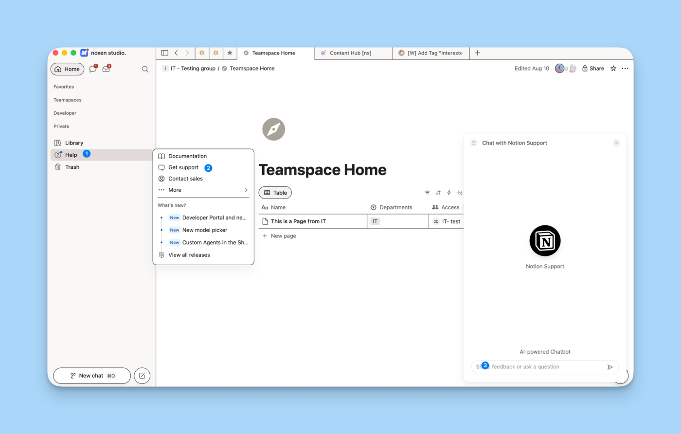 Steps to open a conversation with Notion Support from inside the app