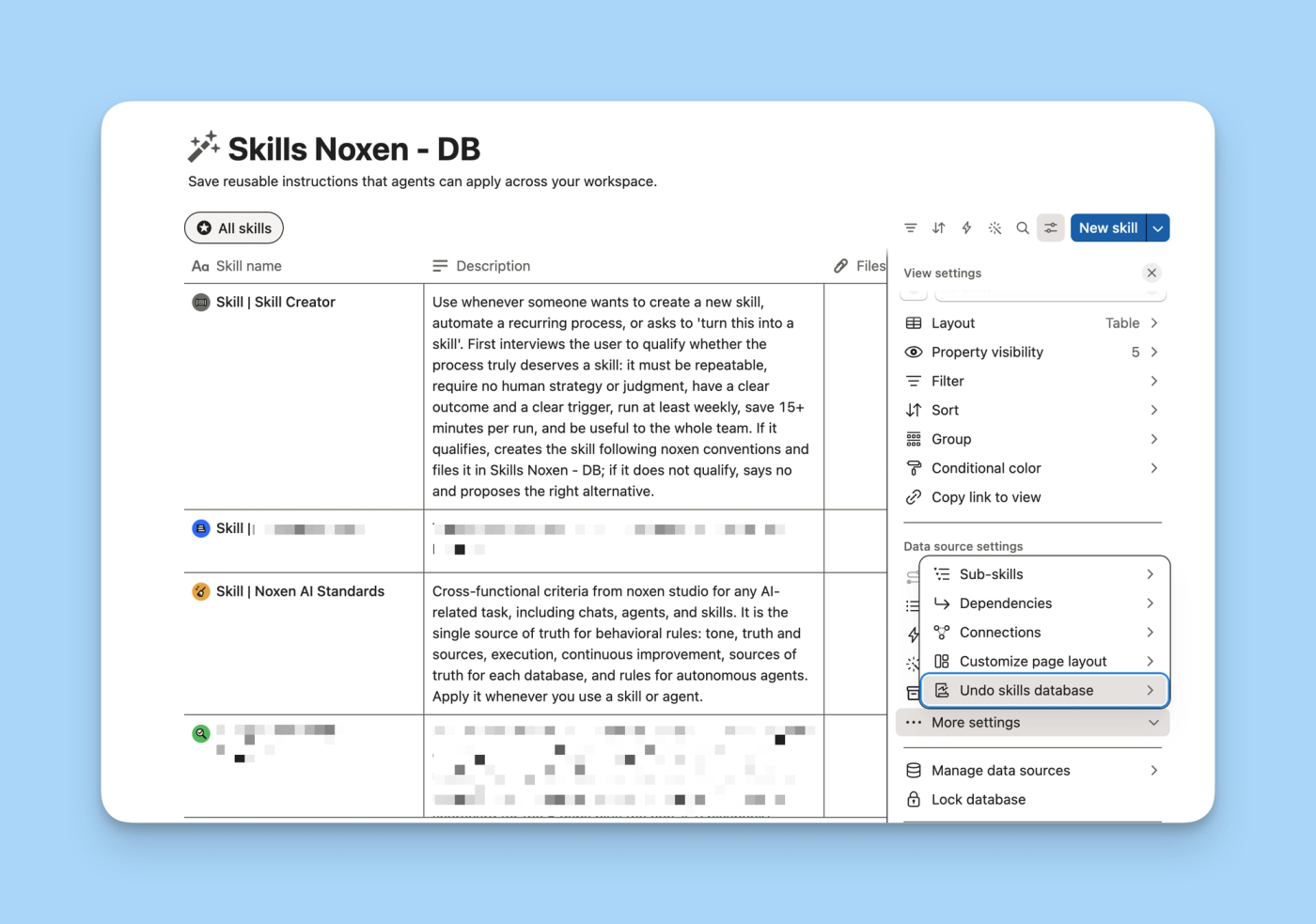 The Skills Noxen - DB database with the view settings panel open on More settings.