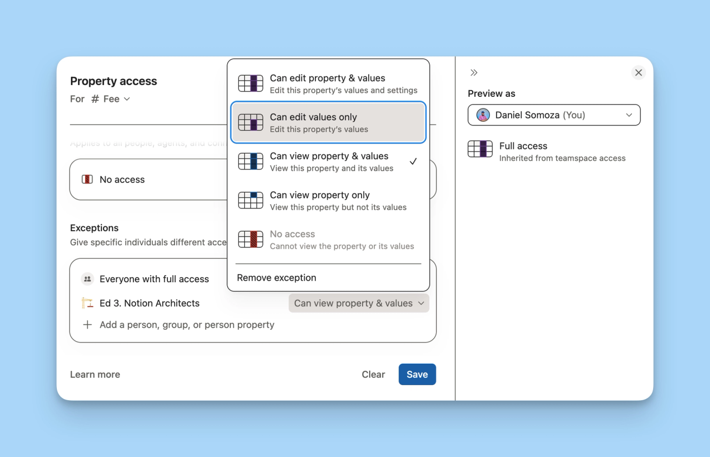 Menu déroulant Property access listant les niveaux d'accès disponibles pour une exception