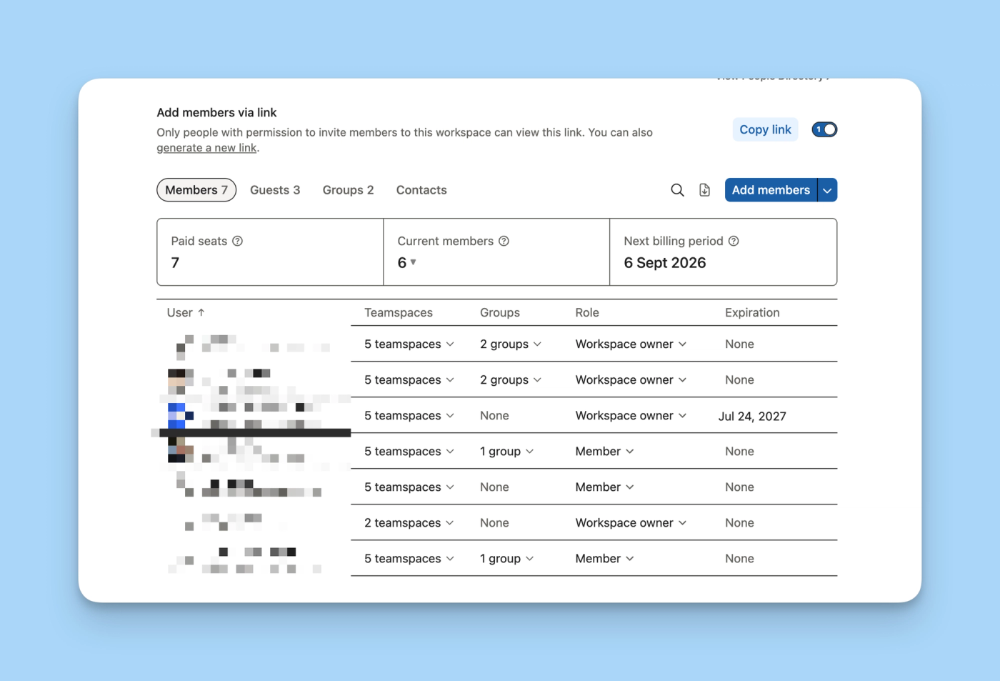 Notion's billing screen showing paid seats adjusting after a member was removed
