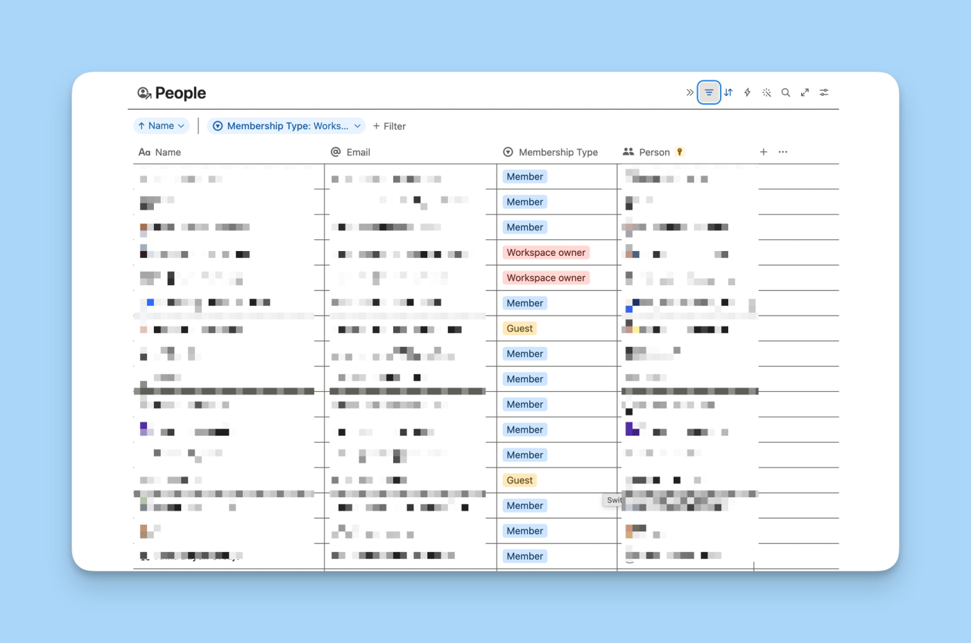 Notion's People database showing the workspace list of members and guests
