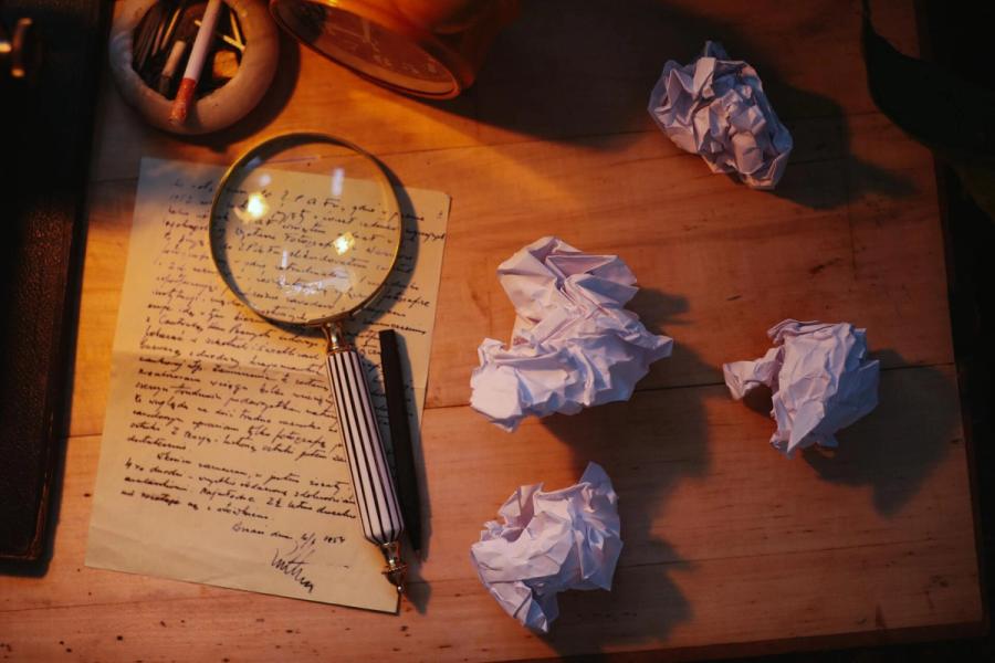 A handwritten letter under a magnifying glass in lamplight, surrounded by crumpled sheets of paper
