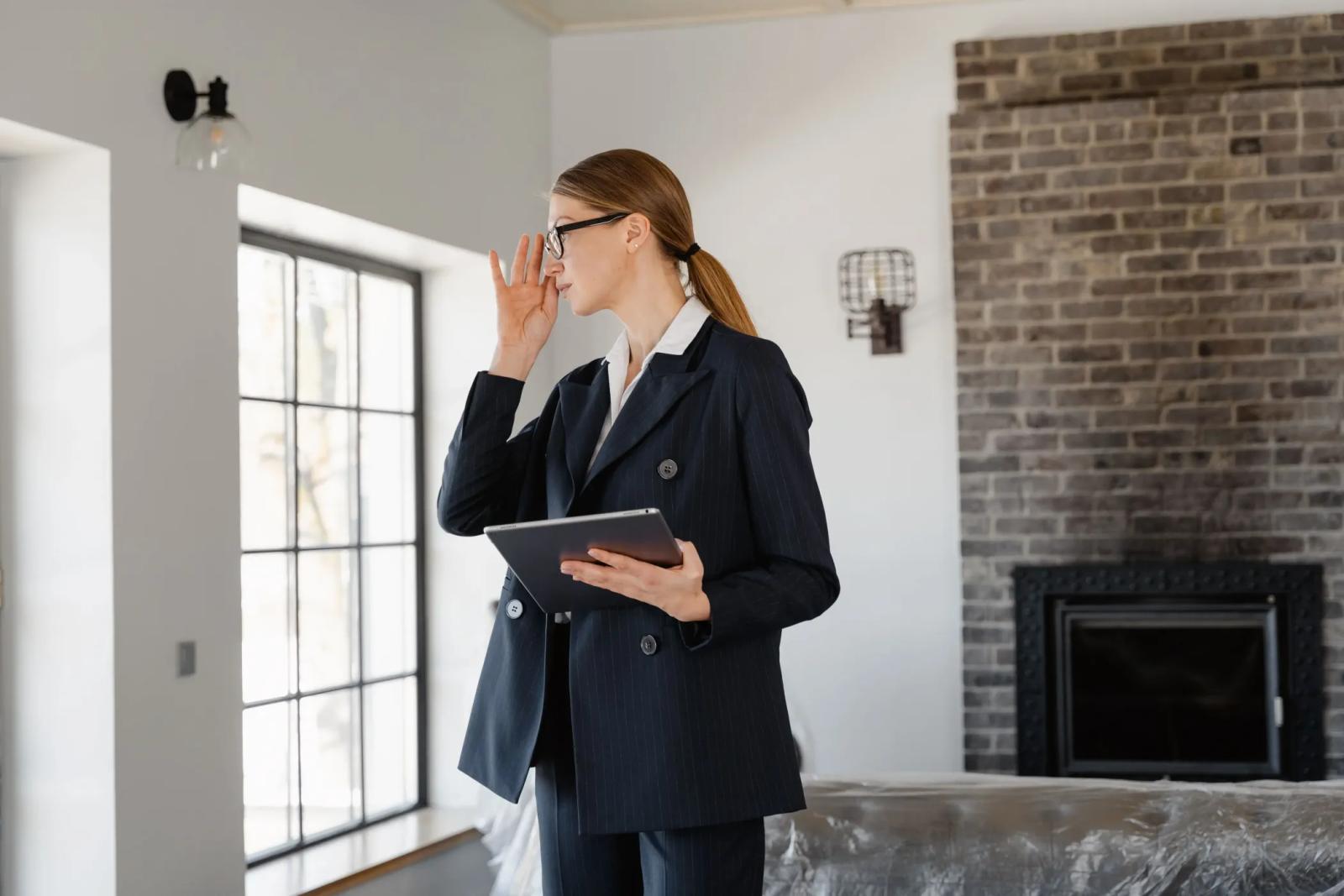 A woman in a suit holding a tablet, surveying an empty room