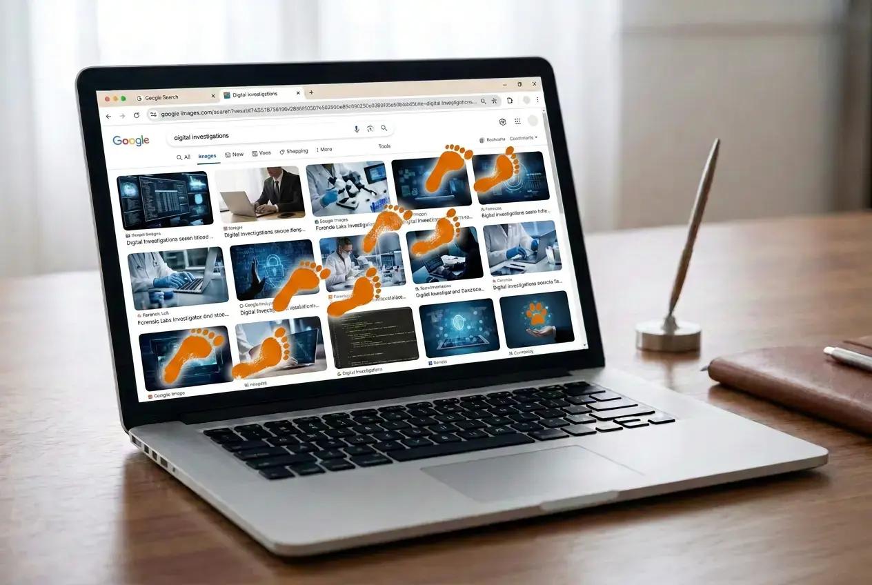 A laptop showing an image search, with orange footprints tracked across the screen