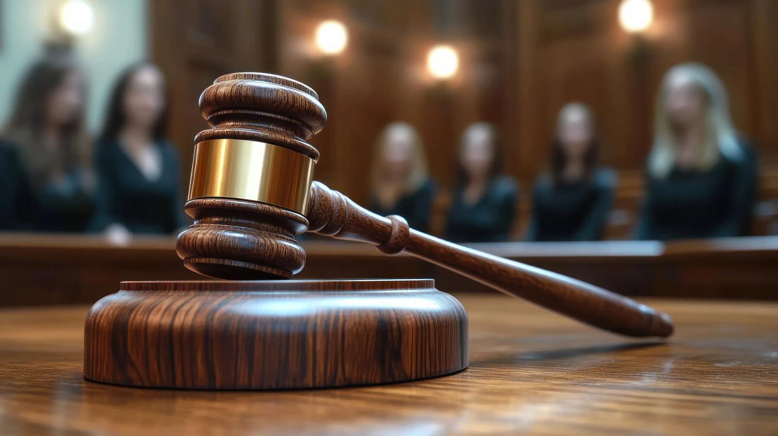 A gavel resting on its block in a courtroom