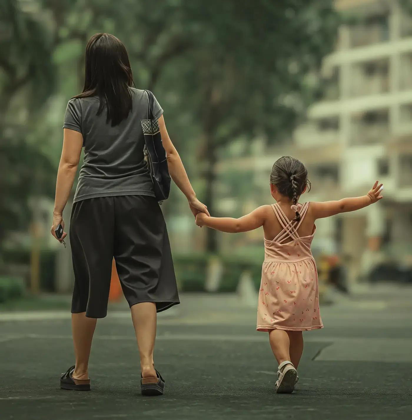 A woman and a young child walking away hand in hand