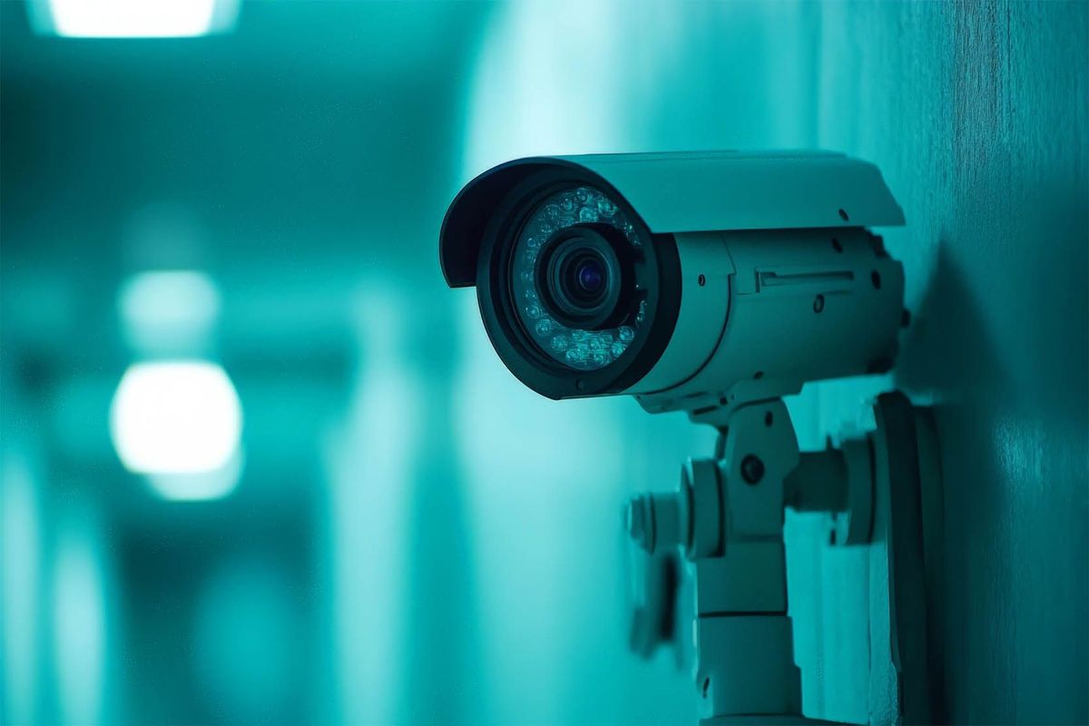 Modern wall-mounted security camera in a dimly lit blue room, angled for indoor surveillance.
