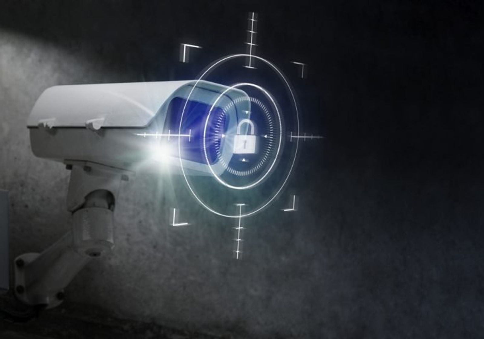 A CCTV camera on a dark background, overlaid with a padlock graphic
