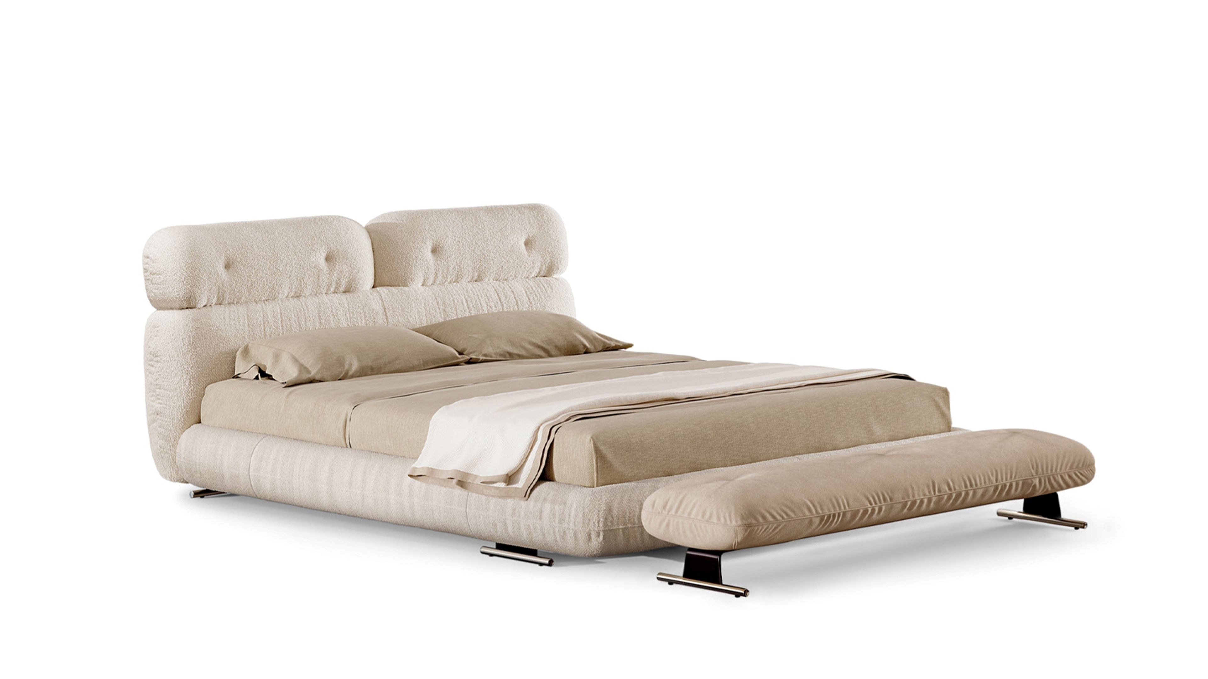 Le lit Libra de Minotti se caractérise par des volumes arrondis superposés.