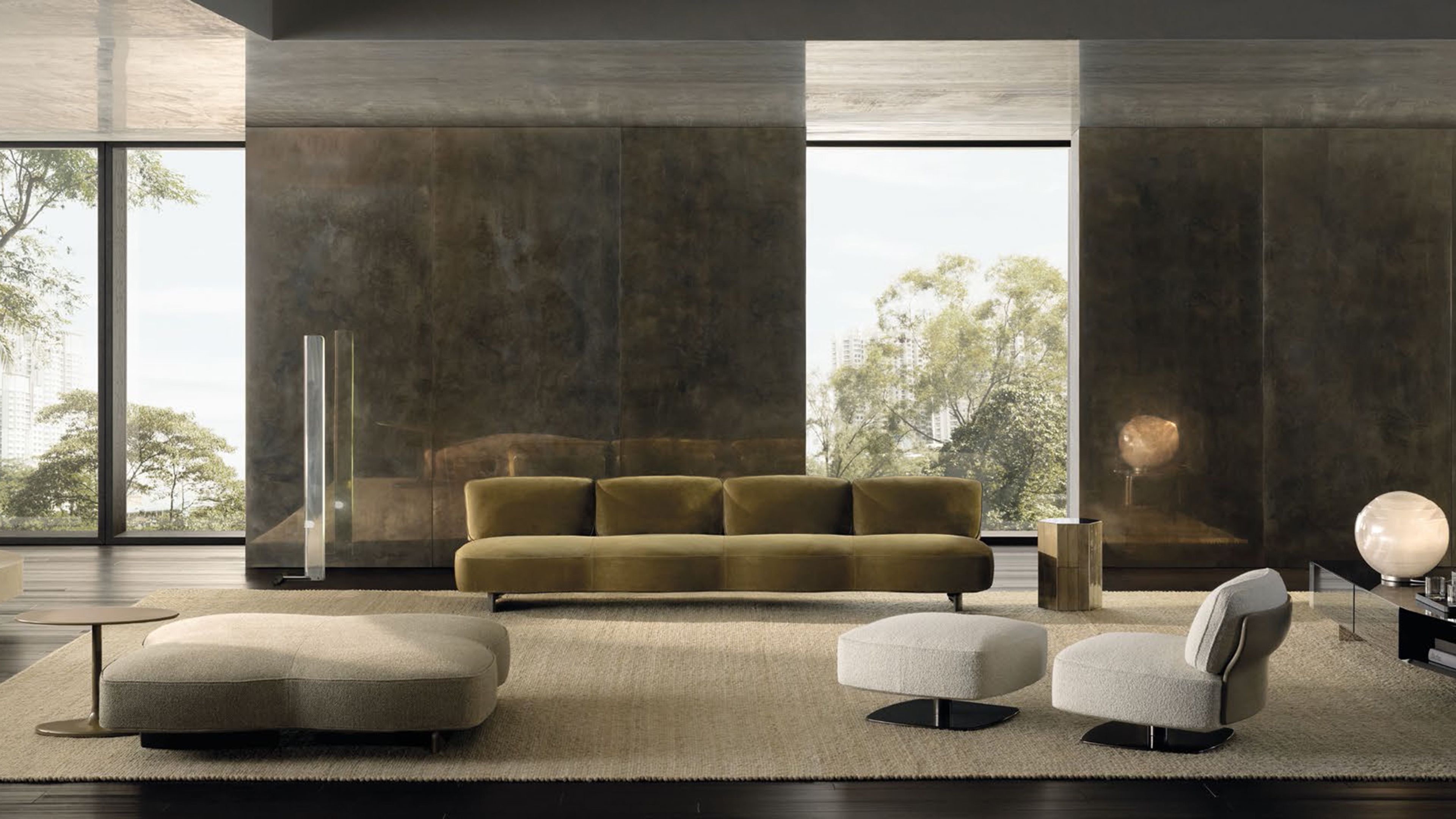 An indoor island with petal-shaped panels by Minotti.
