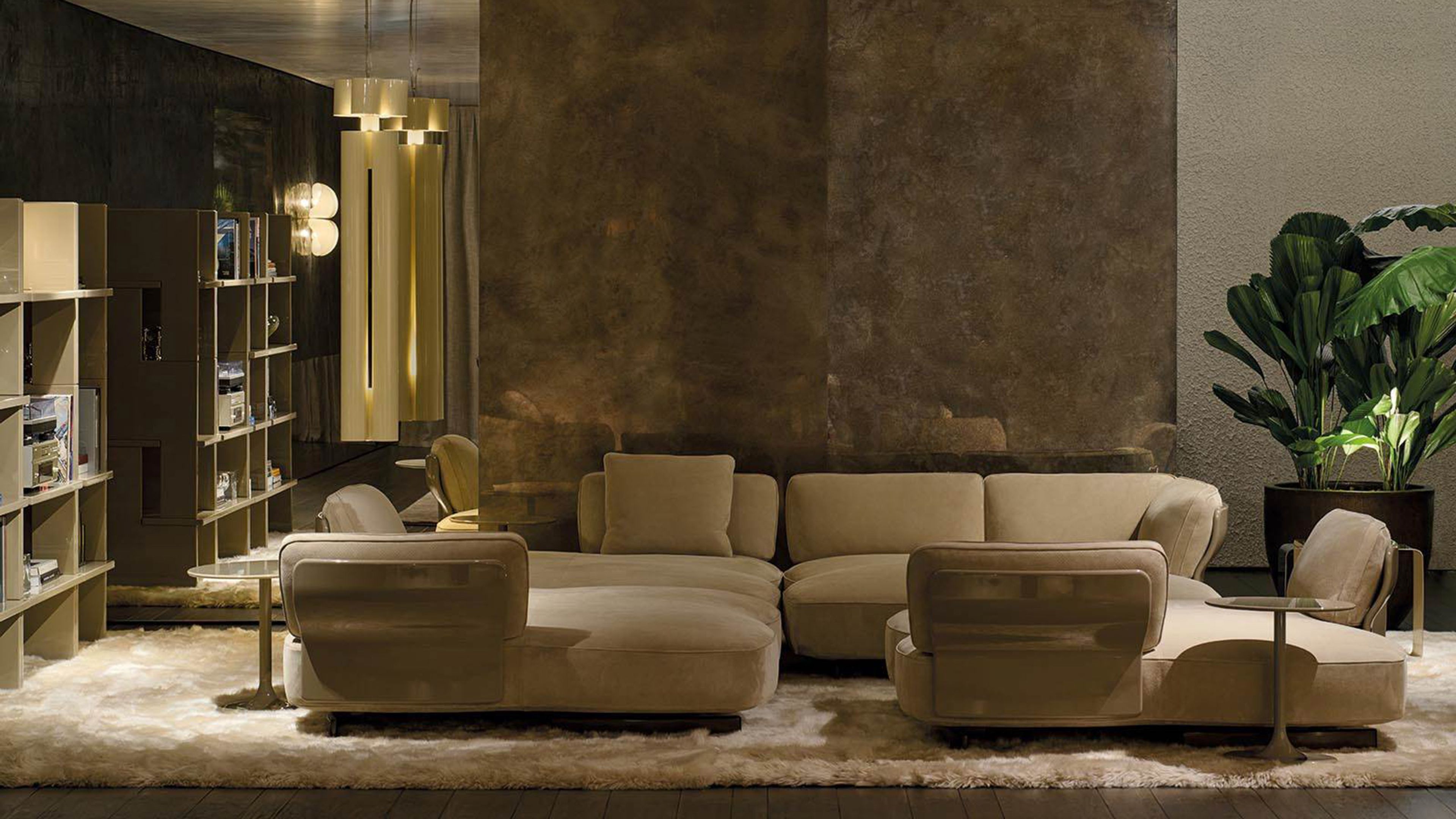 An indoor island with petal-shaped panels by Minotti.