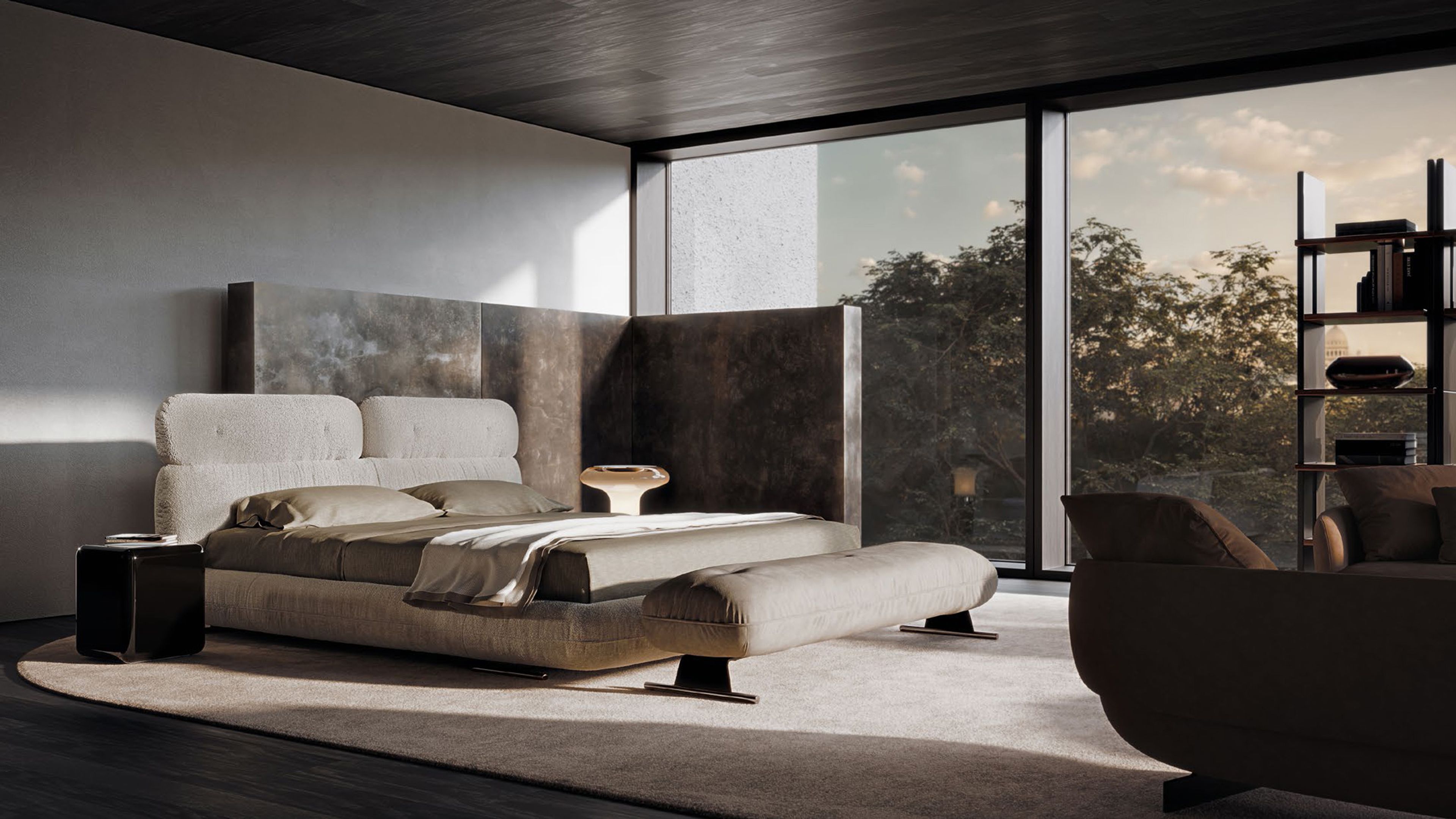 Le lit Libra de Minotti se caractérise par des volumes arrondis superposés.