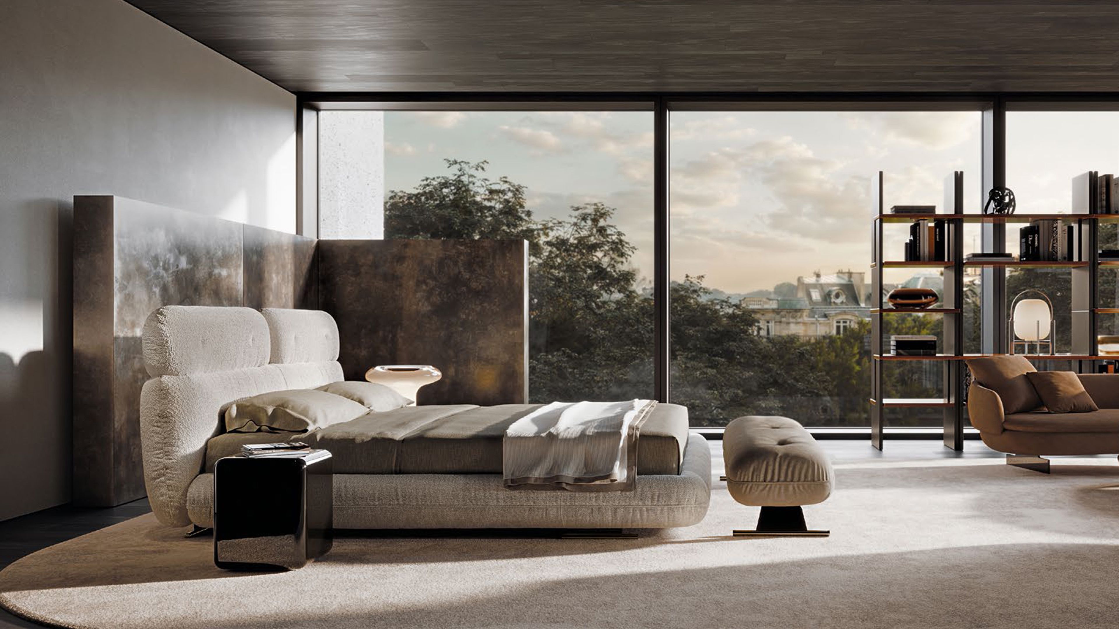 Le lit Libra de Minotti se caractérise par des volumes arrondis superposés.