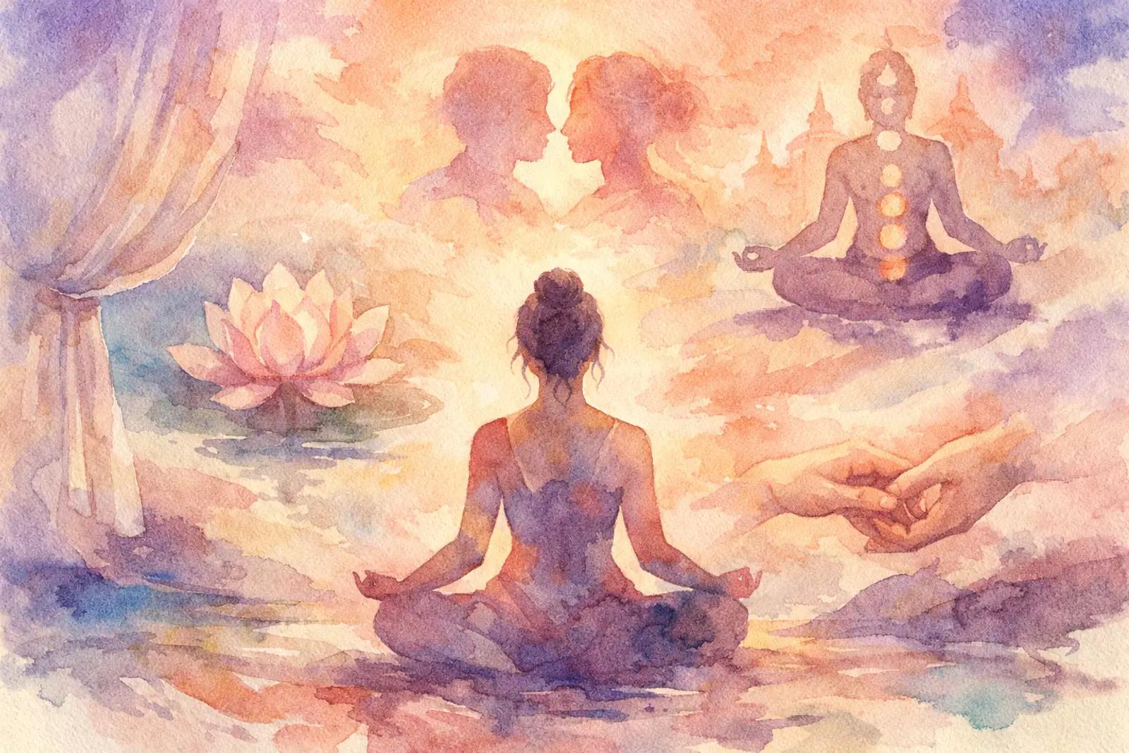 A soft watercolour of figures seated in meditation beside a lotus flower