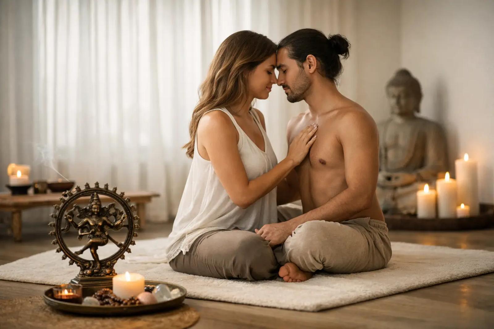 A couple sitting close together on a rug in a warm candlelit room, foreheads touching