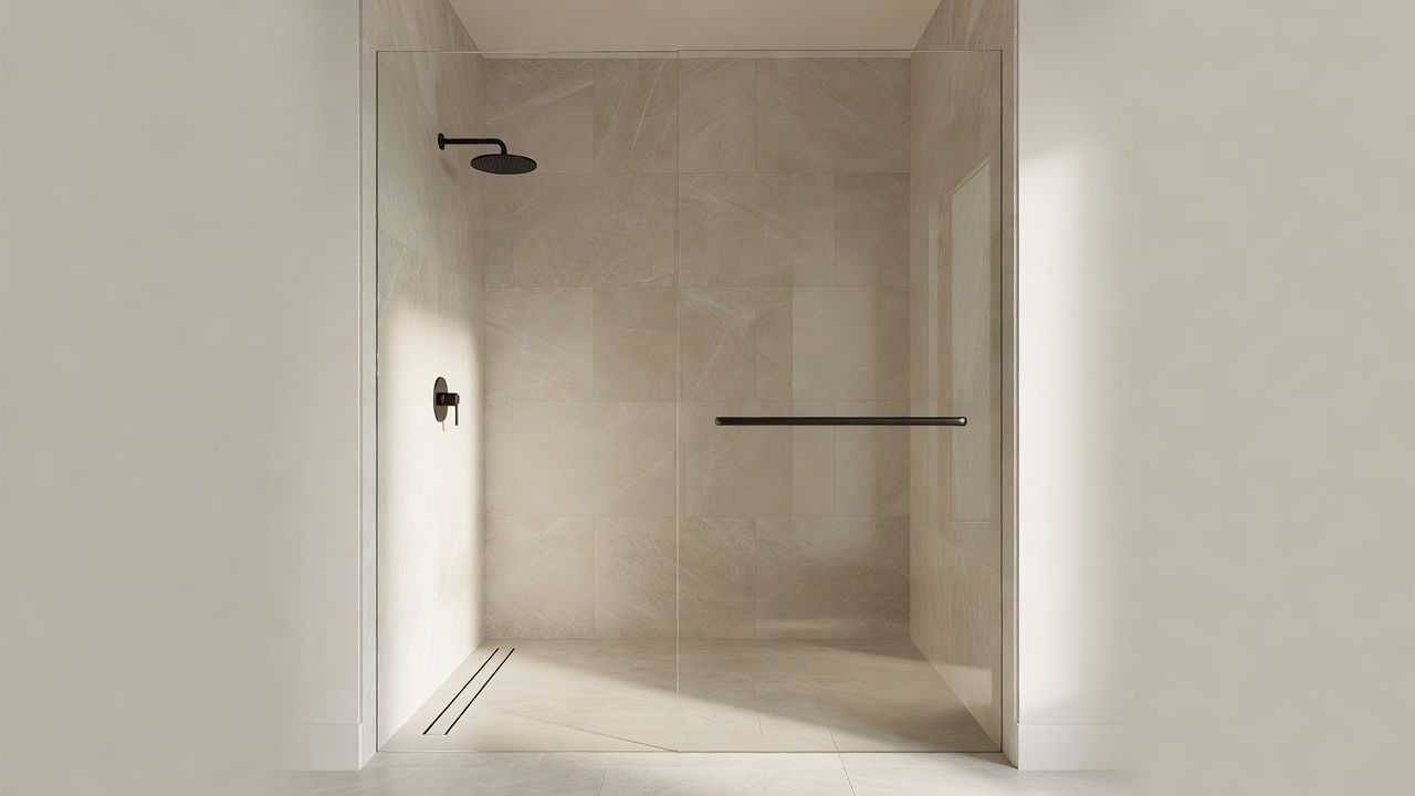Modern walk-in shower featuring a seamless 1/2-inch fixed glass panel, premium matte black hardware, and bright natural light illumination in a custom Houston, Texas home.