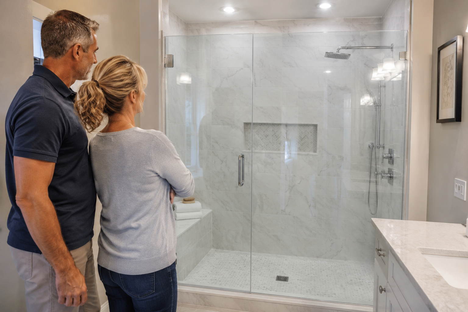 Modern 3/8-inch frameless glass shower enclosure featuring premium brushed gold hardware and pristine white subway tile installed in a Cypress, Texas master bathroom.