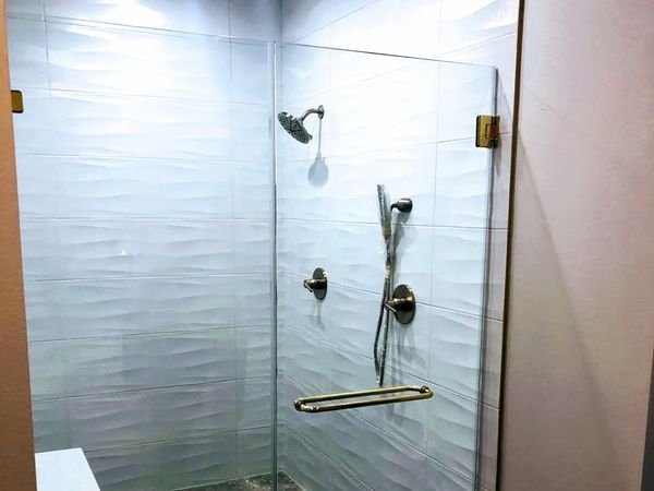 Walk-In Swing Door Shower — champagne bronze, rain